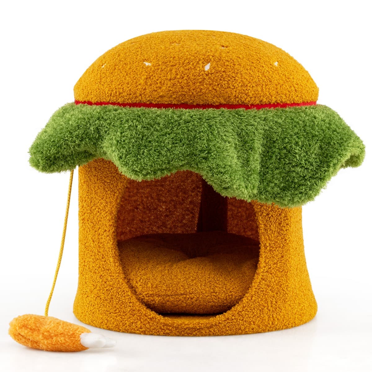 CostwayLit pour Chat Mignonne Condo en Forme de Hamburger avec Perchoir Rembourré Jouet Suspendu en Peluche Coussin Amovible Lavable Orange