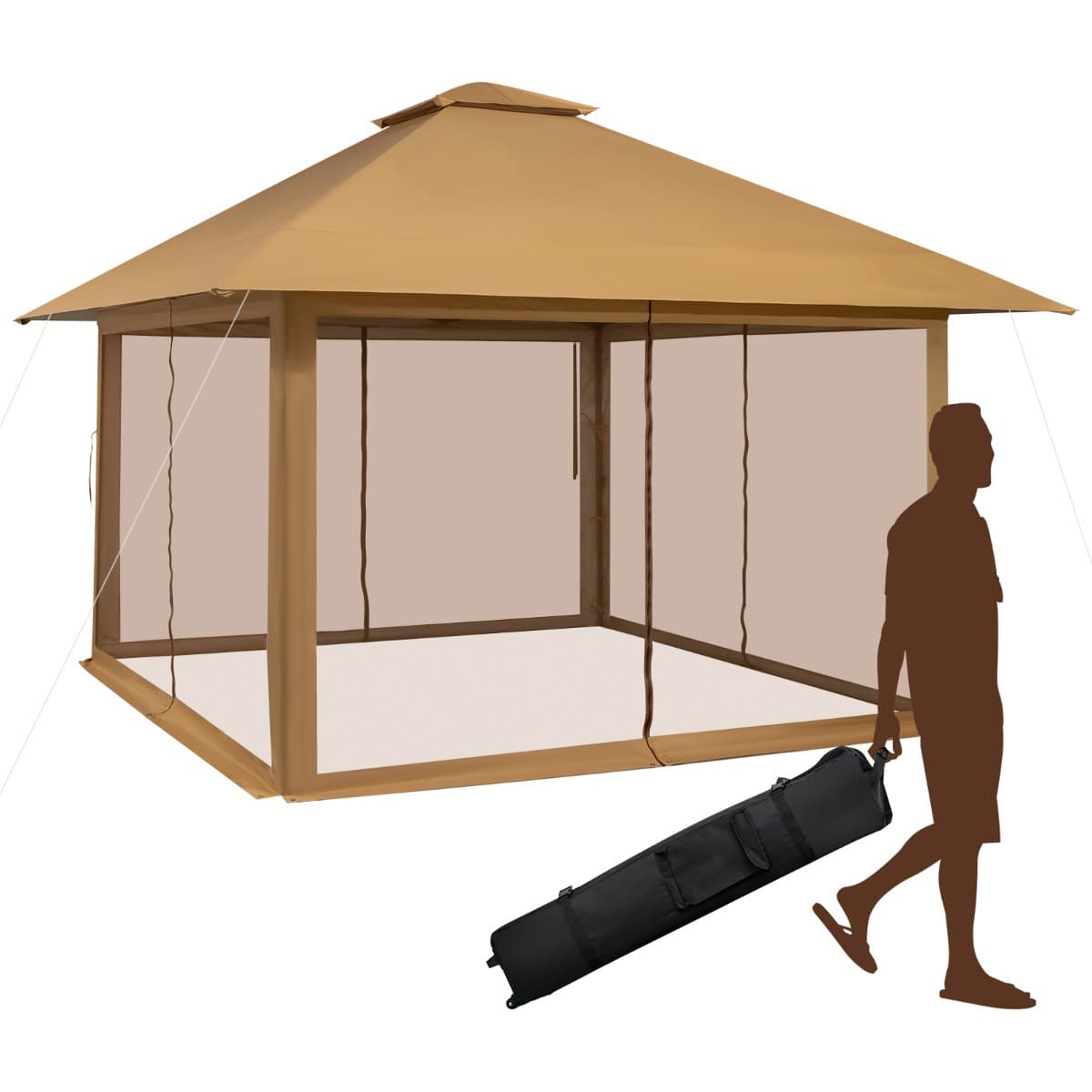CostwayTonnelle de Jardin Pliante 4 x 4M Pop-up avec Parois Latérales en Maille à Fermeture Éclair Tente Réception Double Toit Hauteur Réglable Brun