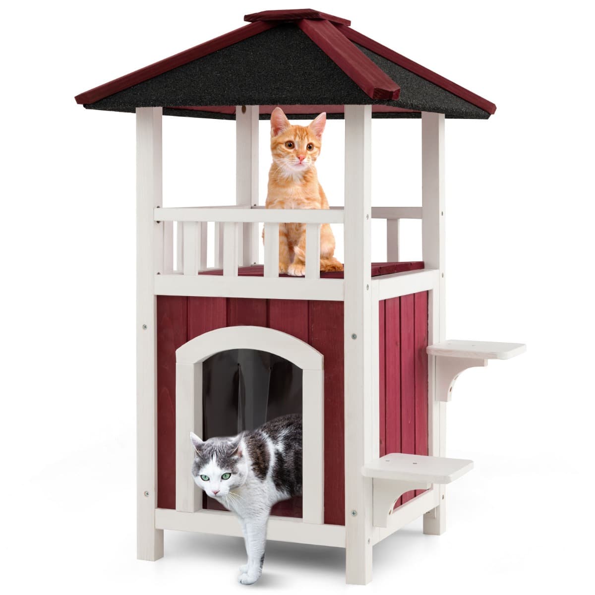 CostwayNiche en Bois Toit en Asphalte Balcon Maison pour Chat Rideau de Pluie Plates formes de Saut Intérieur Extérieur Rouge