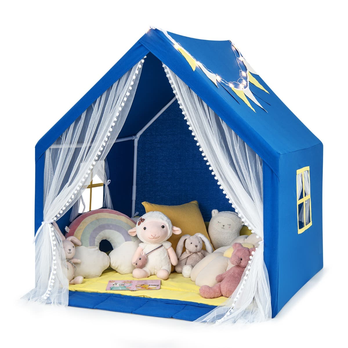 CostwayTente de Jeu Enfants avec Lumières d'Étoiles Tapis en Coton Lavable Cadeau pour Garçons et Filles 122 x 105 x 125 CM Bleu