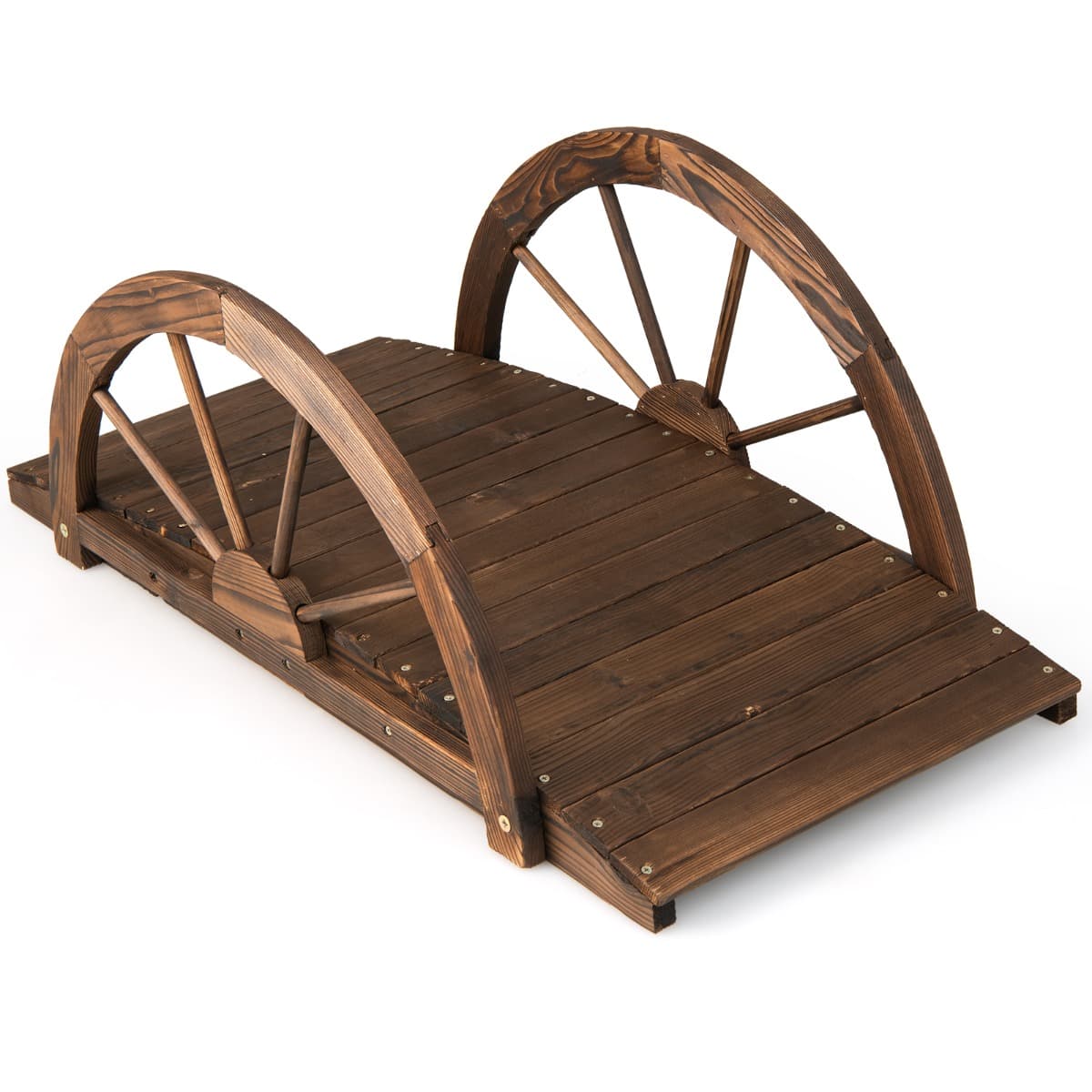 CostwayPont de Jardin en Sapin Carbonisé 101,5 x 48,5 x 38 CM avec Garde-Corps en Forme de Demi-Roue Charge MaxinalE 75 KG
